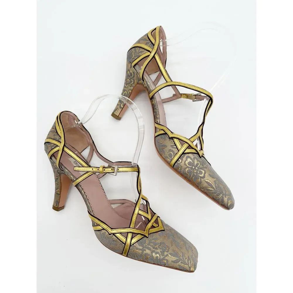 Prada Vintage Gold Floral Brocade Retro Baroque Strappy Square Toe Heels IT 40 - Picture 4 of 11